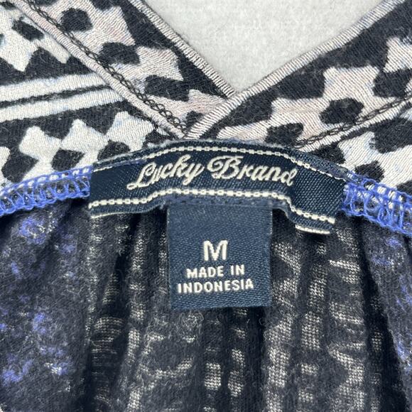 LUCKY BRAND Blouse M Chevron Double V-Neck Button Up Boho Tribal Cap Sleeve Blue - Picture 4 of 13